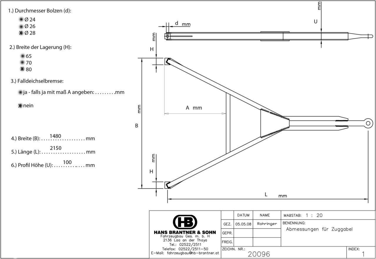 Brantner Kipper und Anhänger - Zuggabel U100 BZG26 STANDARD 1400/80/28-2150