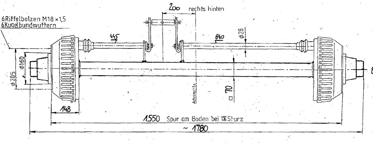 Brantner Kipper und Anhänger - Achse 70/300x80/1550/6 rechts 200mm RI