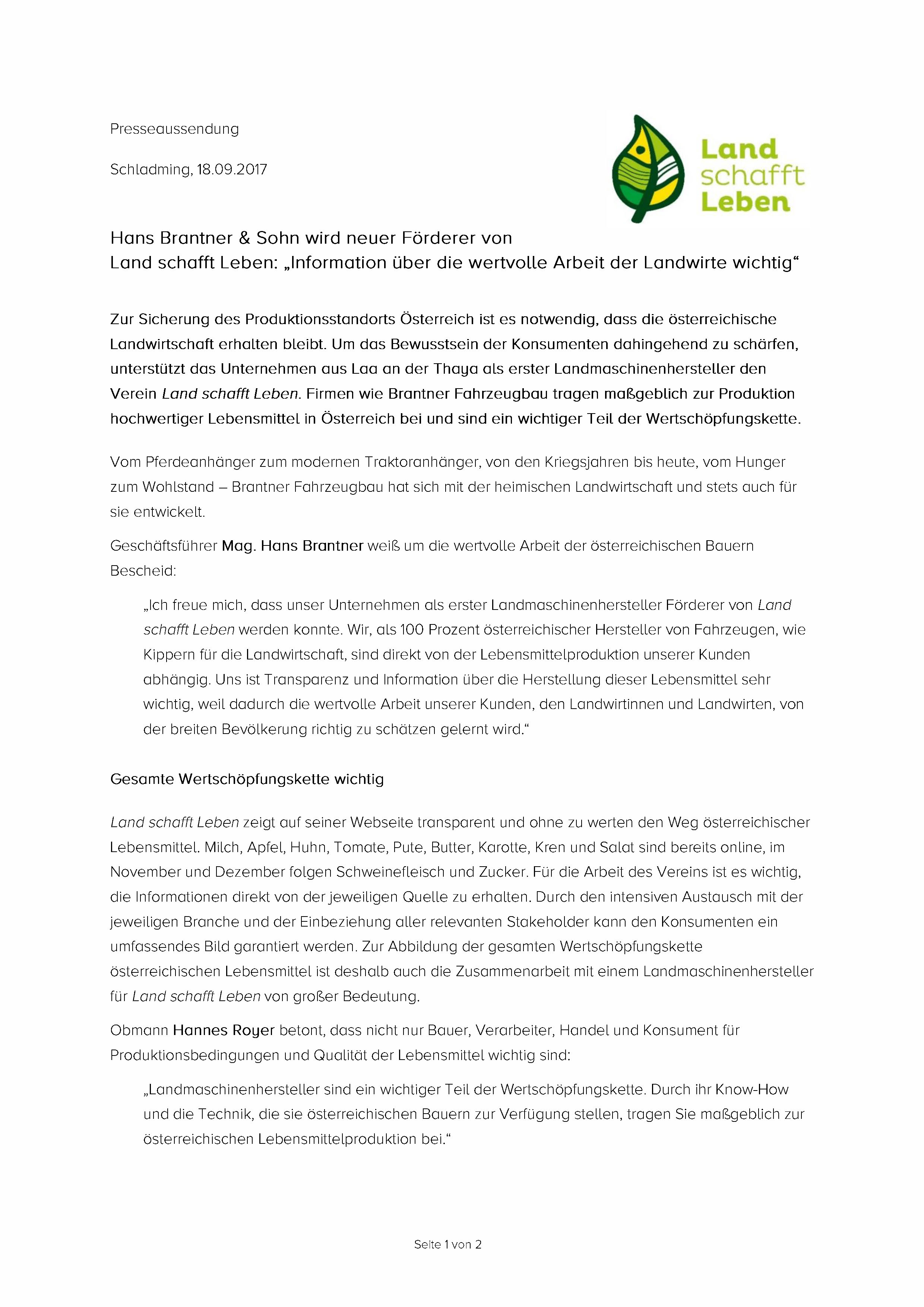 Brantner Fahrzeugbau wird neuer Förderer von Land schafft Leben. Brantner Fahrzeugbau wird neuer Förderer von Land schafft Leben.
